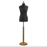 Female Tailors Mannequin Black with Choice of Lightwood Round Base Stands